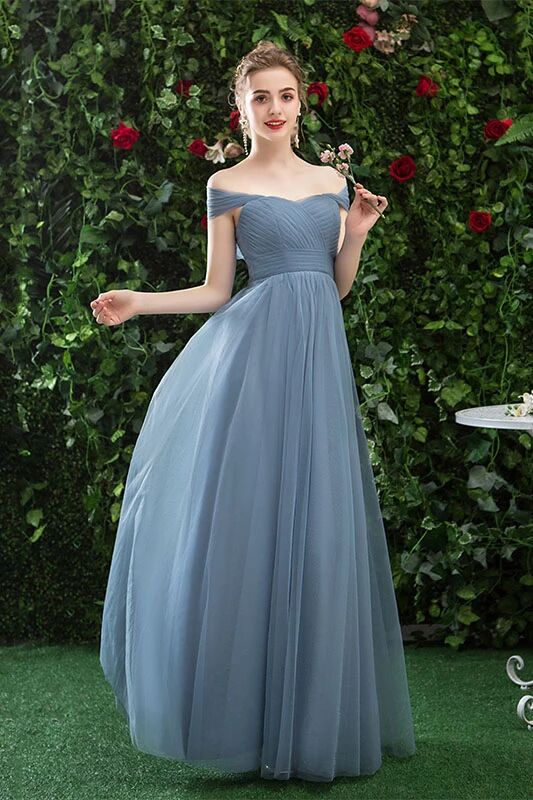 A Line CHiffon Blue Off the Shoulder Prom Dress, Long Bridesmaid Dresses PFP1627