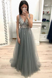 New A Line V Neck Grey Prom Dresses, Beaded Sequins Prom Dress