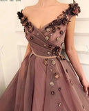 A Line V Neck Cap SleevesBrown Long Flowers Prom Dresses With Pockets PFP1628