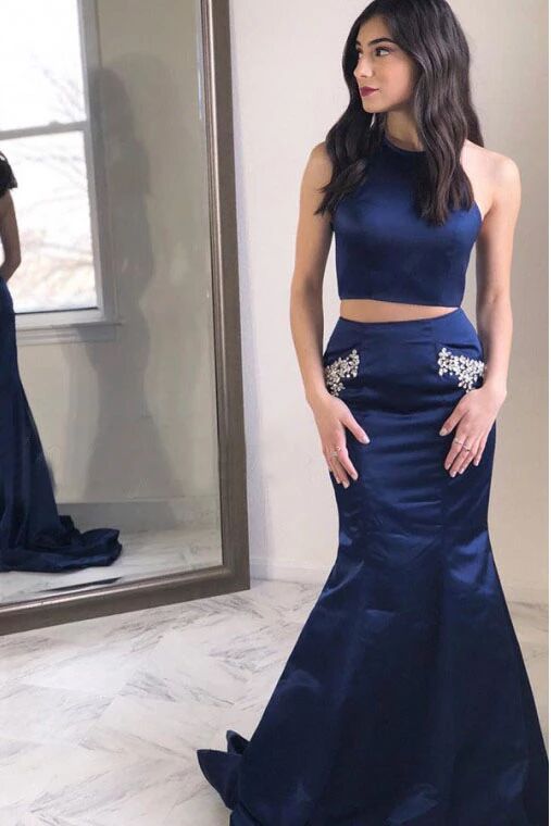 Two Piece Halter Backless Mermaid Navy Blue Prom Dress with Beading Pockets PFP1629