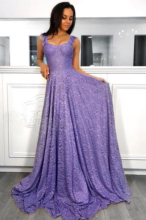 A-Line Straps Sleeveless Sweep Train Lavender Lace Prom Dress PFP1630