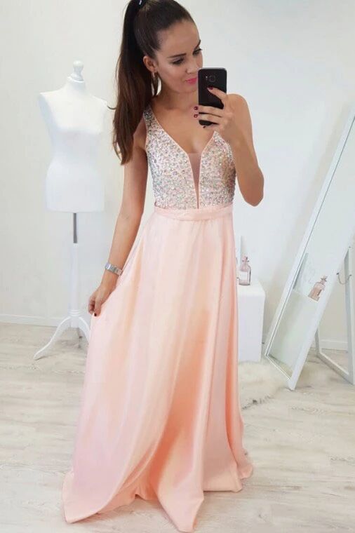 A-Line V-Neck Floor-Length Pearl Pink Prom Dress with Beading PFP1632
