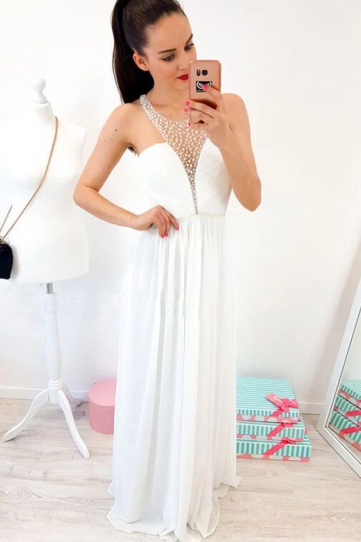 A-Line Crew Floor-Length White Chiffon Prom Dress with Pearls PFP1633