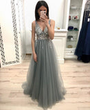 New A Line V Neck Grey Prom Dresses, Beaded Sequins Prom Dress PFP0545