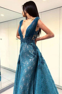 A-Line Deep V-Neck Lace Blue Floor Length Prom Dresses PFP0072