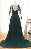 Promfast Elegant Long Sleeve Green Chiffon Long Appliqued Prom Dresses, Open Back Party Dresses PFM0005