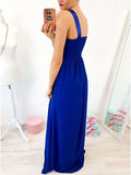 A-Line Round Neck Floor-Length Royal Blue Prom Dress with Lace Pleats PFP1634