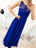 A-Line Round Neck Floor-Length Royal Blue Prom Dress with Lace Pleats PFP1634