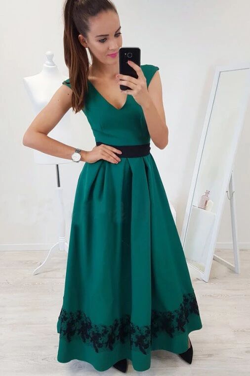 A-Line V-Neck Cap Sleeves Floor-Length Dark Green Prom Dress with Lace Pleats PFP1635
