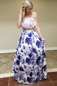 Two Piece Strapless Floor-Length Floral Printed Prom Dress with Lace Top PFP1640