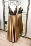 Charming A Line V Neck Gold Prom Dresses, Beaded Long Prom Dress