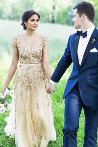 Promfast Illusion Neck Beading Long Gold Wedding Dress with Sheer Back, Long Prom Dresses PFM0006