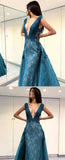 A-Line Deep V-Neck Lace Blue Floor Length Prom Dresses PFP0072