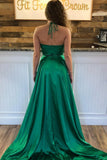 Green A Line Halter Sexy Split Prom Dresses With Pockets PFP0468