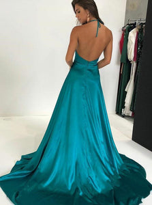 Deep V-neck Spaghetti Straps Turquoise Long Side Slit Sexy Prom Dresses PFP0017