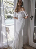 Two Piece Mermaid Off-the-Shoulder Lace Wedding Dress with Sleeves PFW0426