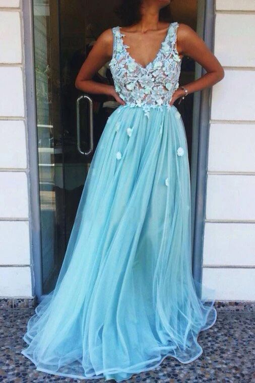 A-Line V-Neck Floor-Length Tulle Long Prom Dress with Appliques PFP1641