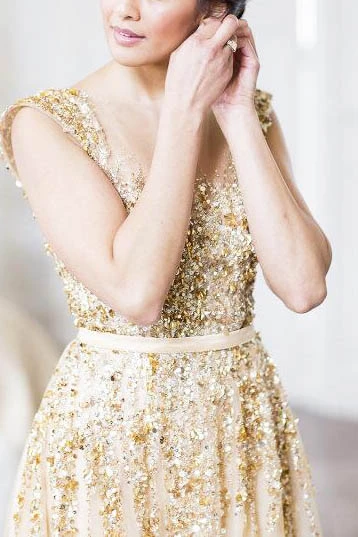 Promfast Illusion Neck Beading Long Gold Wedding Dress with Sheer Back Promfast Illusion Neck Beading Long Gold Wedding Dress with Sheer Back