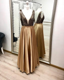 Charming A Line V Neck Gold Prom Dresses, Beaded Long Prom Dress PFP0546