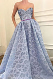 Stunning A-Line Sweetheart Light Blue Lace Prom Dress with Pockets Beading PFP1642