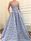 Stunning A-Line Sweetheart Light Blue Lace Prom Dress with Pockets Beading PFP1642