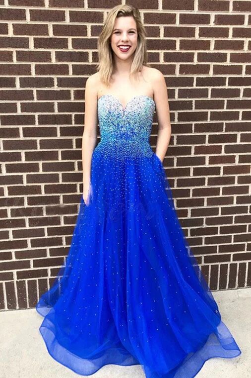 A-Line Sweetheart Floor-Length Royal Blue Prom Dress with Beading Pockets PFP1644