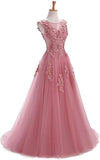 A Line Round Neck Lace Appliques Floor Length Prom Dresses PFP1646
