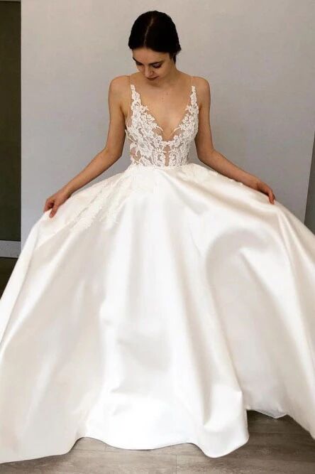 A-Line Deep V-Neck Floor-Length Satin Wedding Dress with Lace Appliques PFW0428