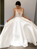 A-Line Deep V-Neck Floor-Length Satin Wedding Dress with Lace Appliques PFW0428