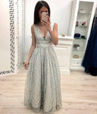 A Line V Neck Lace Prom Dresses, Cheap Long Evening Dress PFP0547