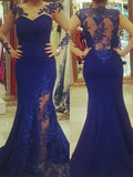 New Arrival Scoop Applique Long Sleeves Royal Blue Mermaid Plus Size Dresses PFP0074