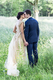 Promfast Illusion Neck Beading Long Gold Wedding Dress with Sheer Back, Long Prom Dresses PFM0006