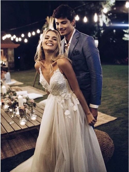 bohemian spaghetti strap wedding dress Gorgeous V-neck Spaghetti Straps Sequins Wedding Dresses with Train,Boho Beach Wedding Dresses,MW418
