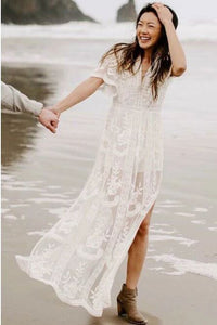A-Line V-Neck Short Sleeves Bohemian Lace Beach Wedding Dress with Split PFW0433