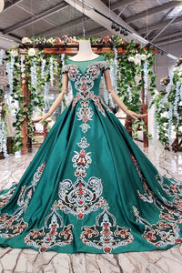 New Arrival Prom Dresses Short Sleeves Green Ball Gown With Applique Beads