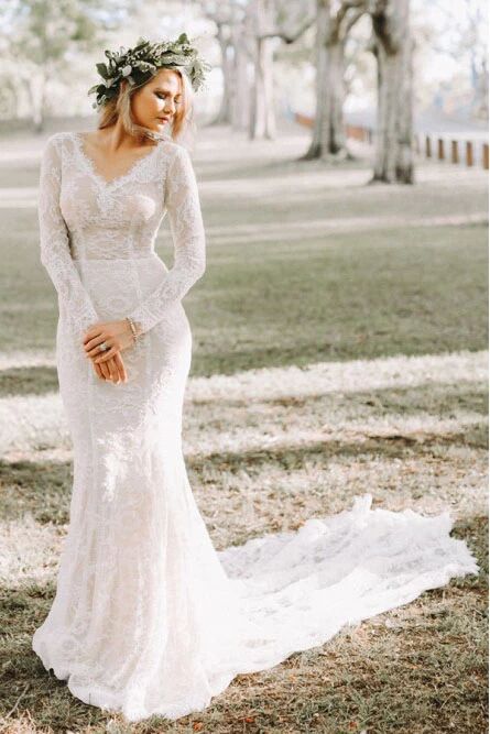 Mermaid V-Neck Backless Long Sleeves Lace Elegant Wedding Dress PFW043 Promfast Mermaid V-Neck Backless Long Sleeves Lace Elegant Wedding Dress PFW043 Promfast