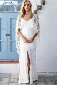 Sheath V-Neck Backless Wraps Lace Beach Wedding Dress with Split PFW0436
