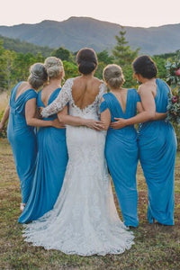 Sheath V-Neck Cold Shoulder Floor-Length Blue Ruched Bridesmaid Dress PFB0132