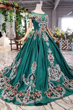 New Arrival Prom Dresses Short Sleeves Green Ball Gown With Applique Beads PFP0548