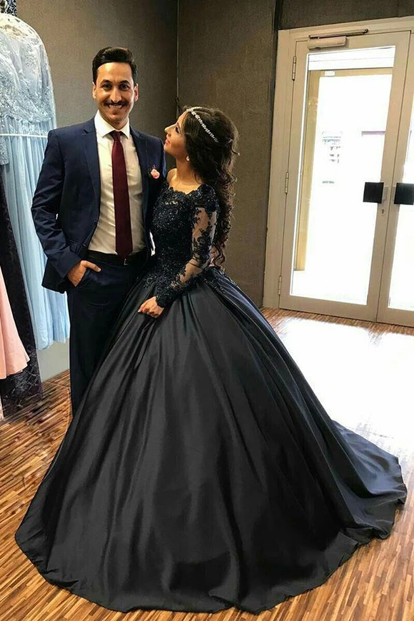 Promfast Ball Gown Long Sleeves Navy Blue With Lace Prom Dress, Quinceanera Dresses PFM0008