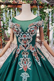 New Arrival Prom Dresses Short Sleeves Green Ball Gown With Applique Beads PFP0548