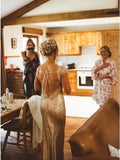 Sheath Round Neck Backless Rose Gold Sequin Long Bridesmaid Dress PFB0135