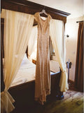 Sheath Round Neck Backless Rose Gold Sequin Long Bridesmaid Dress PFB0135