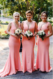 Mermaid V-Neck Sweep Train Pink Satin Simple Bridesmaid Dress PFB0136