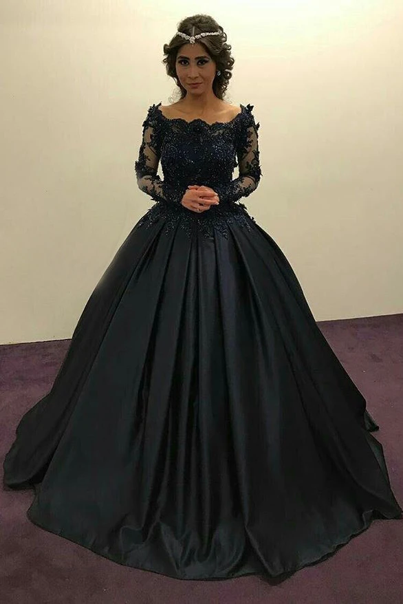 long sleeve navy blue quince dress Promfast Ball Gown Long Sleeves Navy Blue With Lace Prom Dress, Quince
