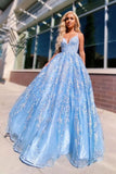 A-line Spaghetti Straps Lace Appliques Sky Blue Long Prom Dresses Evening Dresses PFP1648