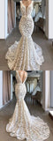 Trumpet/Mermaid V neck Ivory Lace Long Prom Dresses Evening Dresses PFP1649