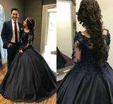 Promfast Ball Gown Long Sleeves Navy Blue With Lace Prom Dress, Quinceanera Dresses PFM0008