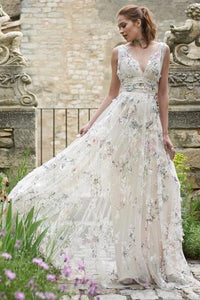 A Line V Neck Lace Appliques Long Off White Prom Dresses Evening Dresses PFP1651