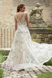 A Line V Neck Lace Appliques Long Off White Prom Dresses Evening Dresses PFP1651